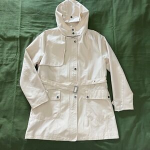 Womens Hooded Cotton Trench Coat Sz L Ivory Belted Utility Raincoat Minimalist